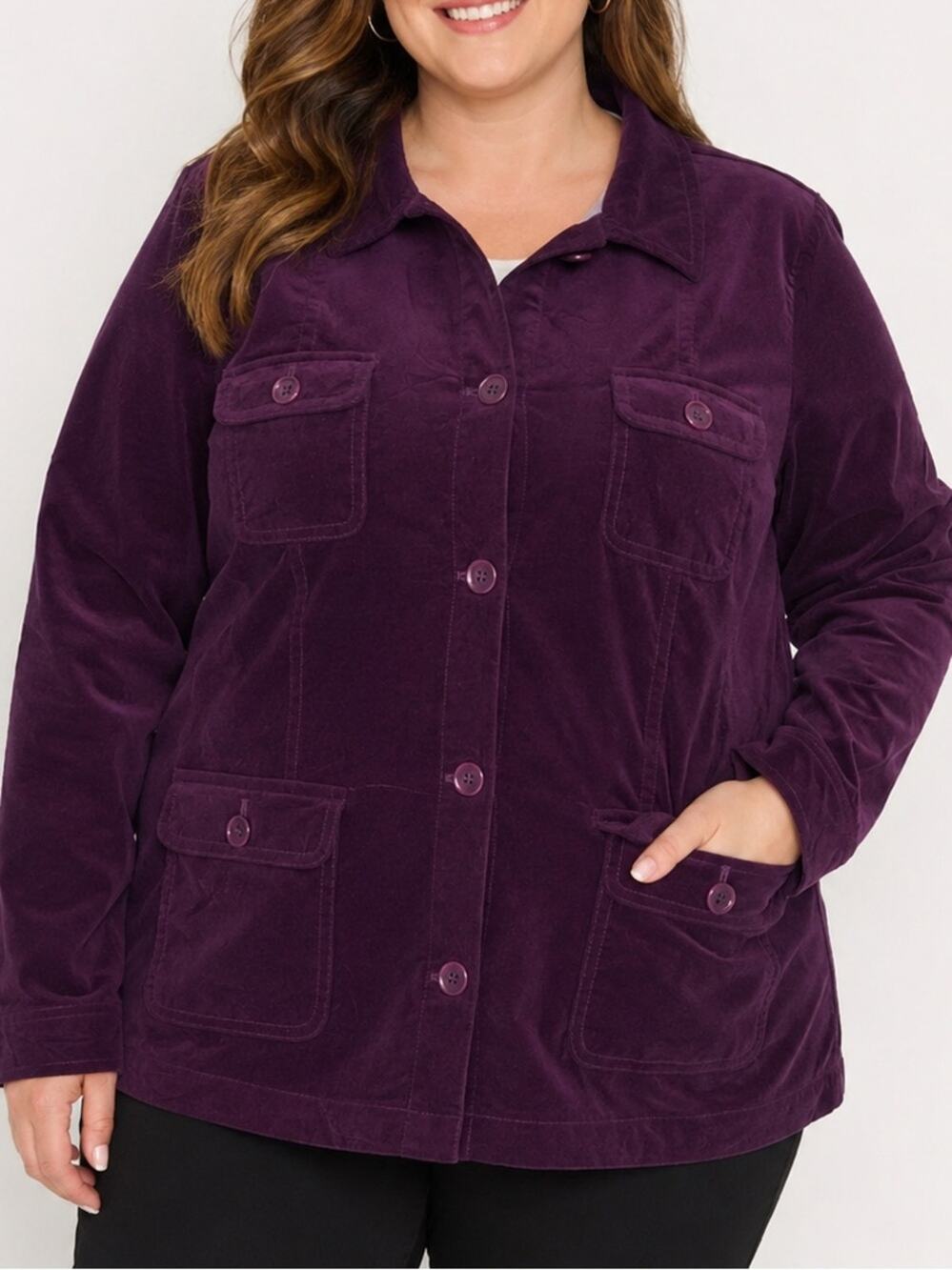 Talbots 24W Purple Velvet Jacket Plus Size Button Front Stretch Cotton Coat